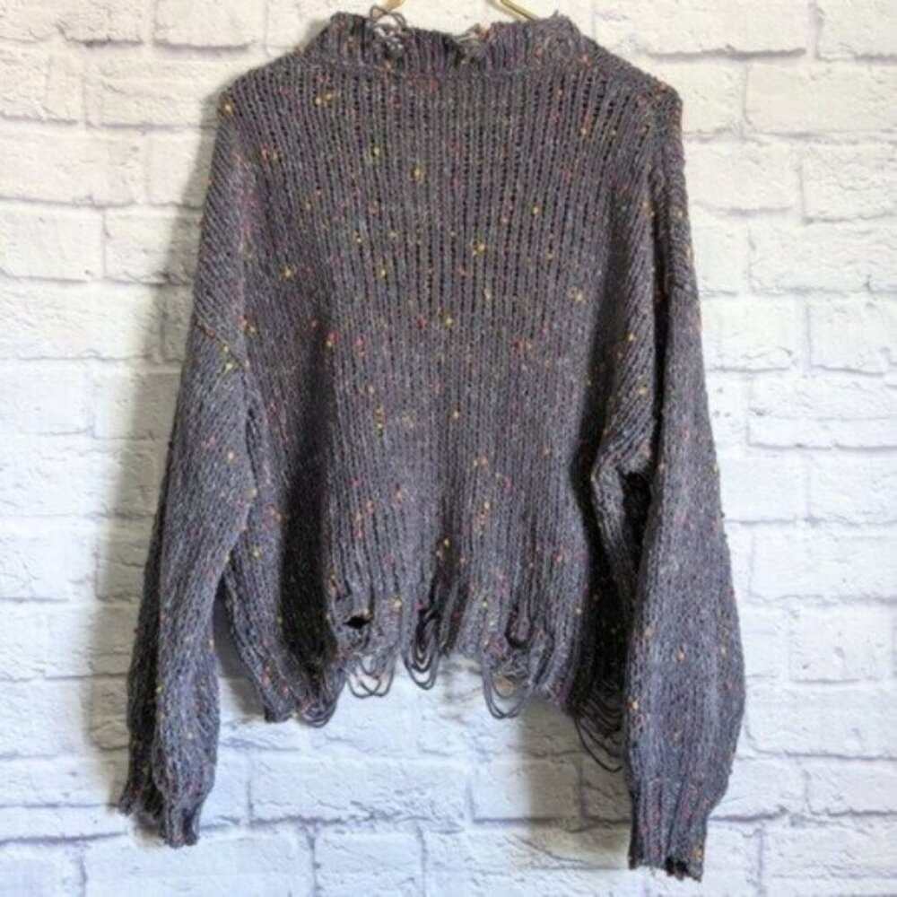 POL Distressed Confetti Sweater S Gray NEW Knit Cropped Long Sleeve Pullover - Picture 3 of 6